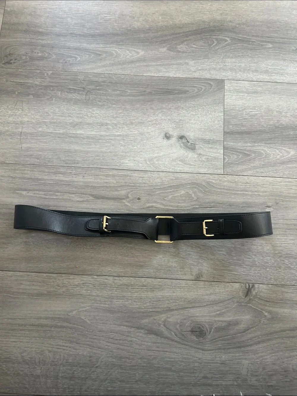 Michael Kors Black Leather Waist Belt with Gold Buckles